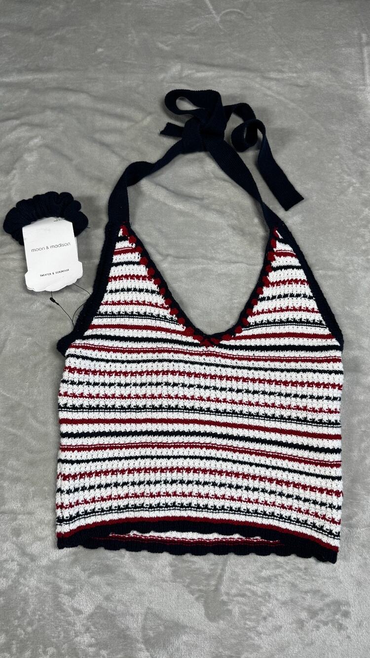 Moon And Madison NEW Women Halter Top L Multicolor Sweater V-Neck With Scrunchie